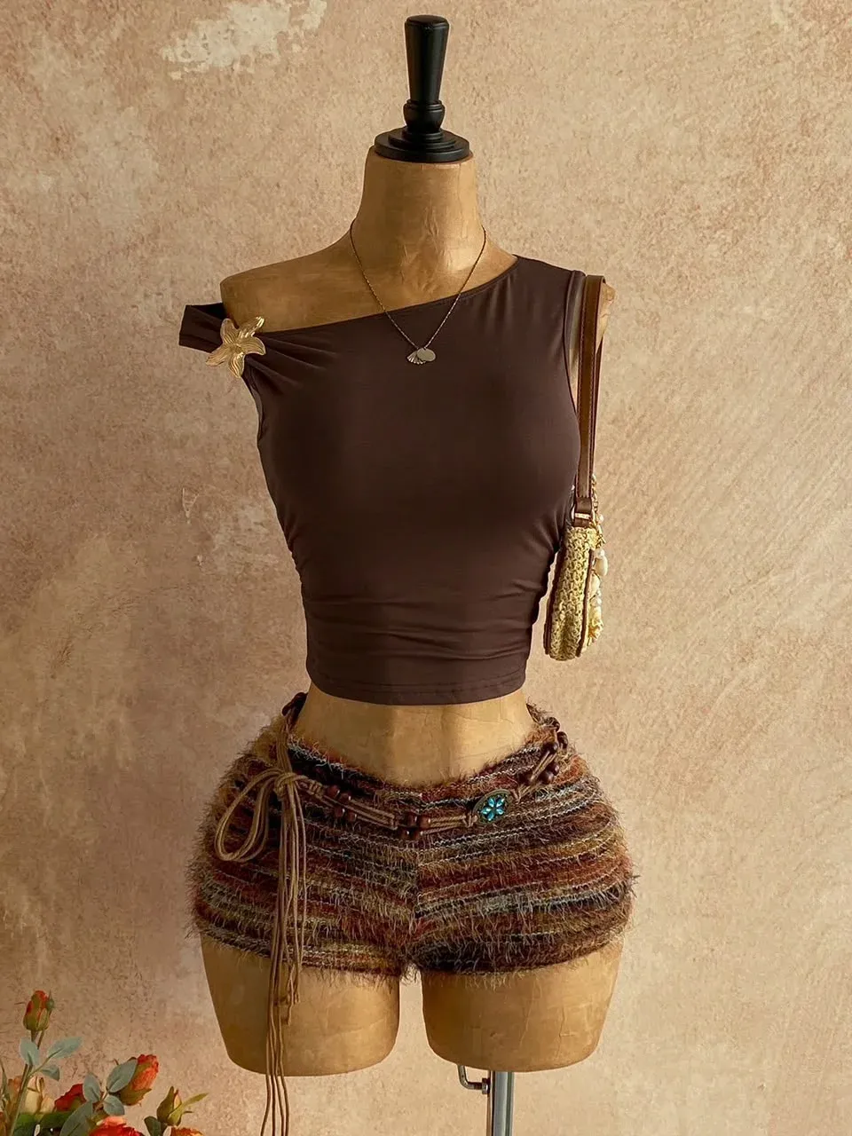 Conjunto casual Café, Top de un solo hombro