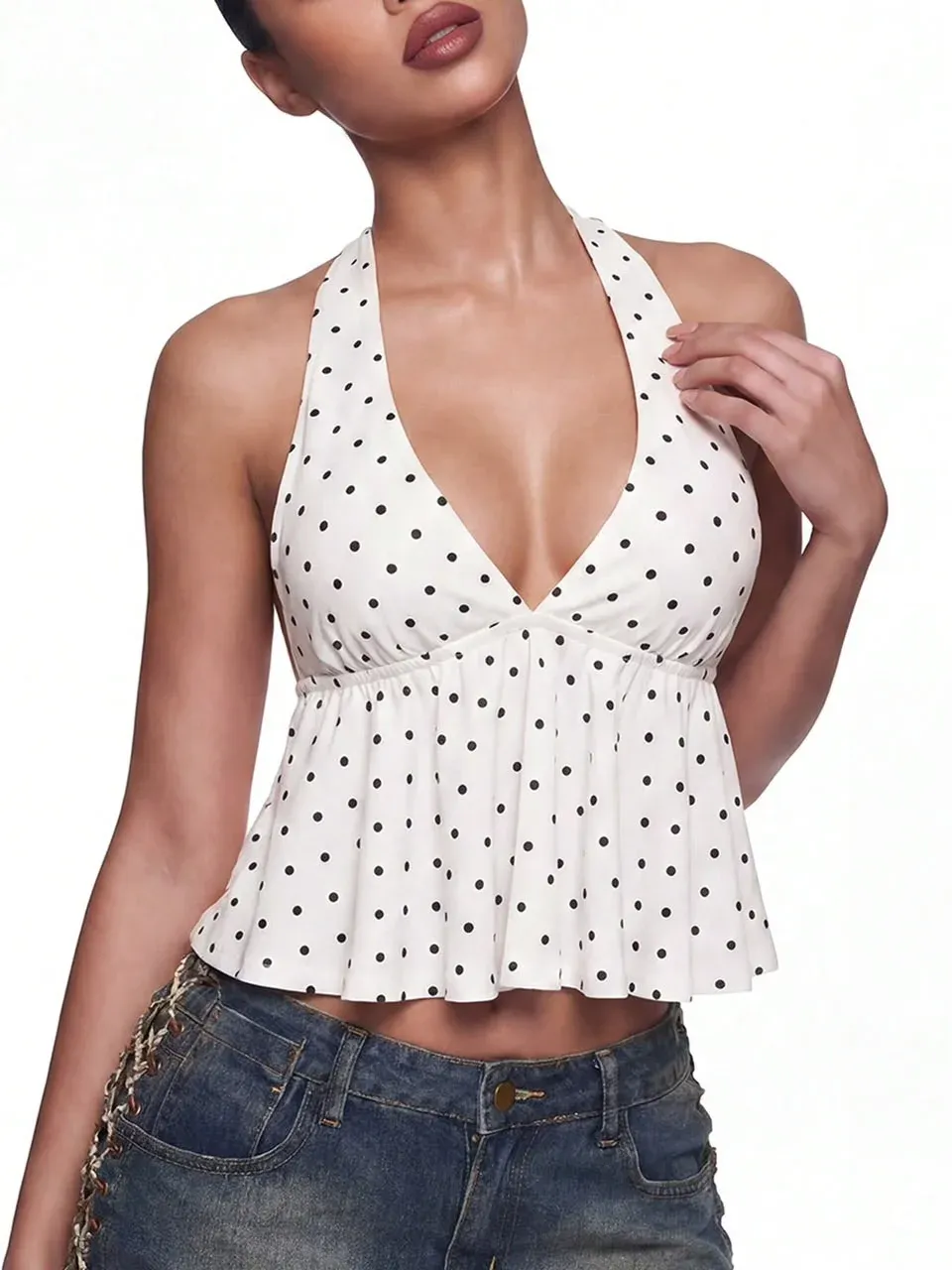 Top escote V color Blanco, estampado Lunares