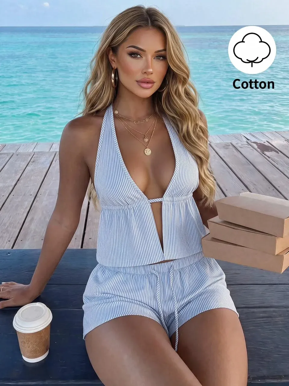 Conjunto casual Azul con rayas, 2 piezas