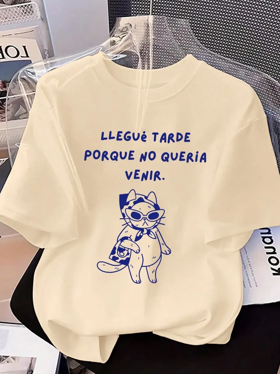 Camisa Crema Casual, Estampado de gato