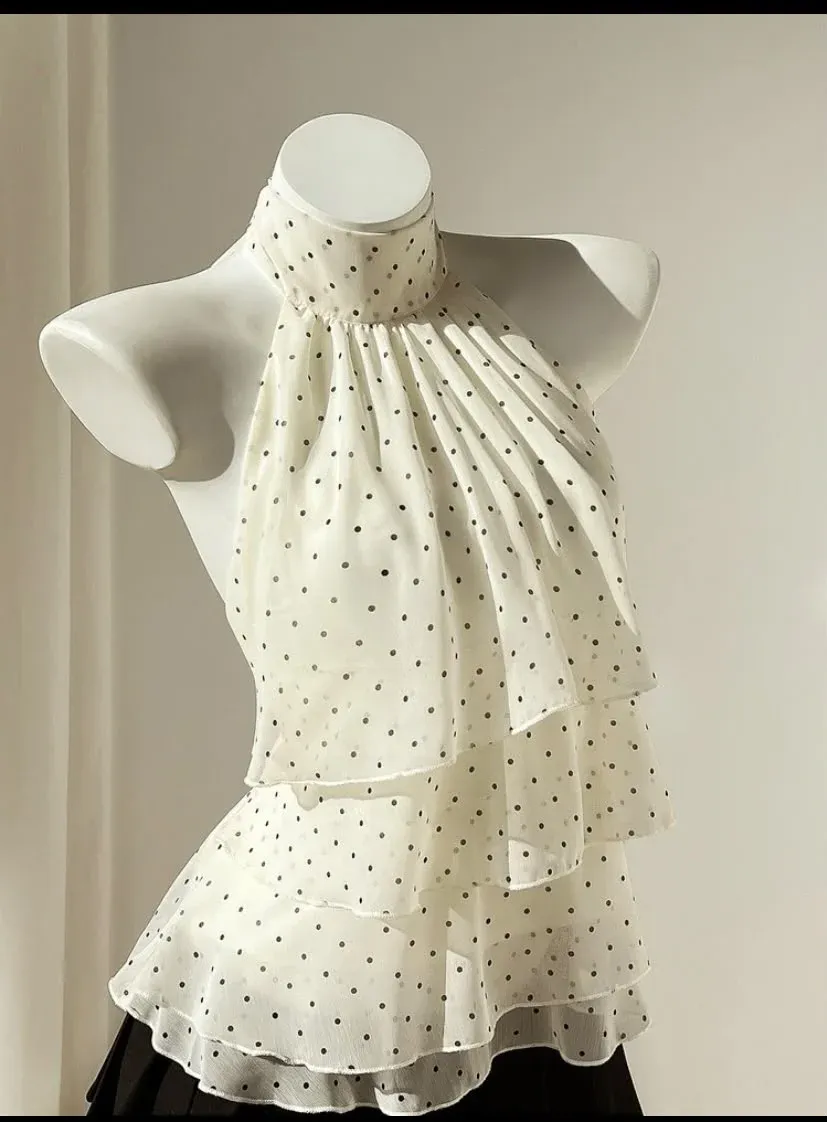 Top Blanco Cuello Alto, Estampado de lunares