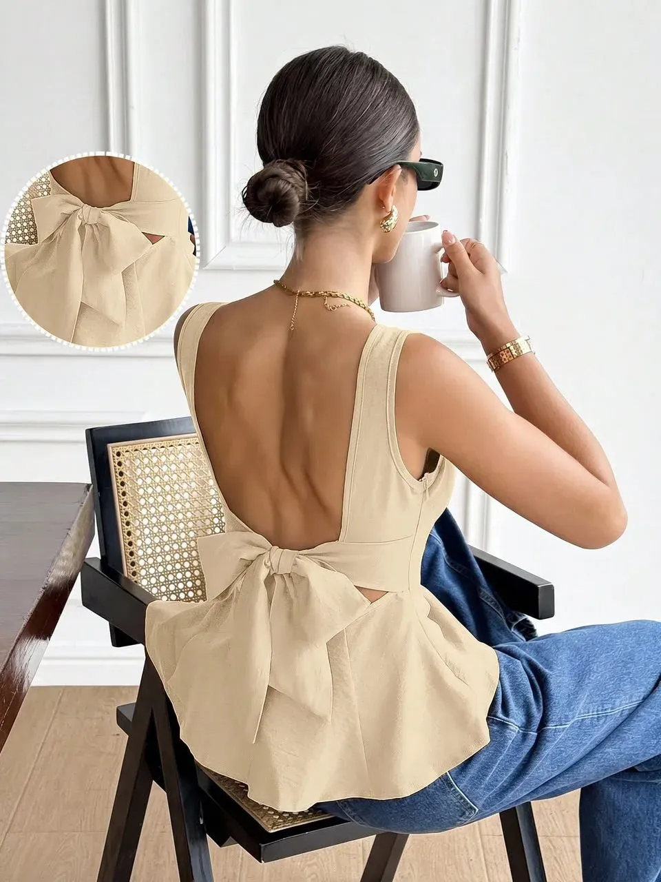 Top Color Crema, Con escote en la espalda y lazo