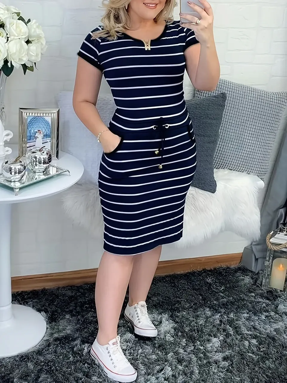 Vestido largo casual Negro, Estampado de rayas