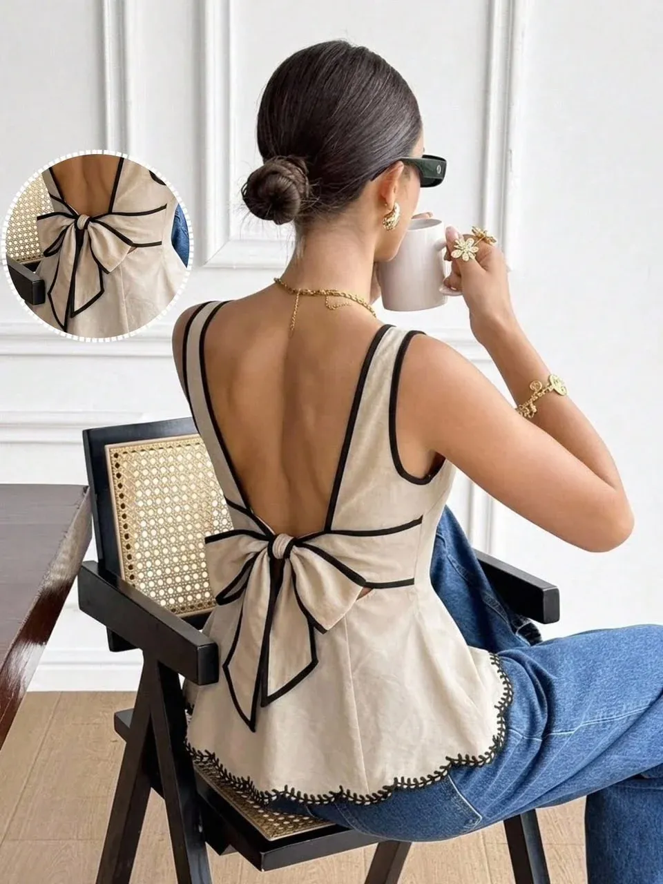 Top Beige/Negro, Escate en la espalda con lazo