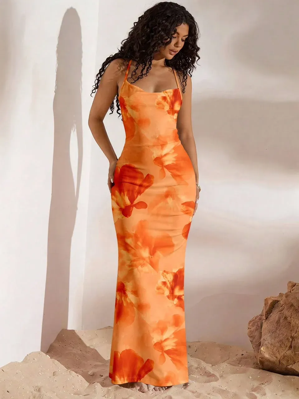 Vestido Largo Naranja con estampado floral