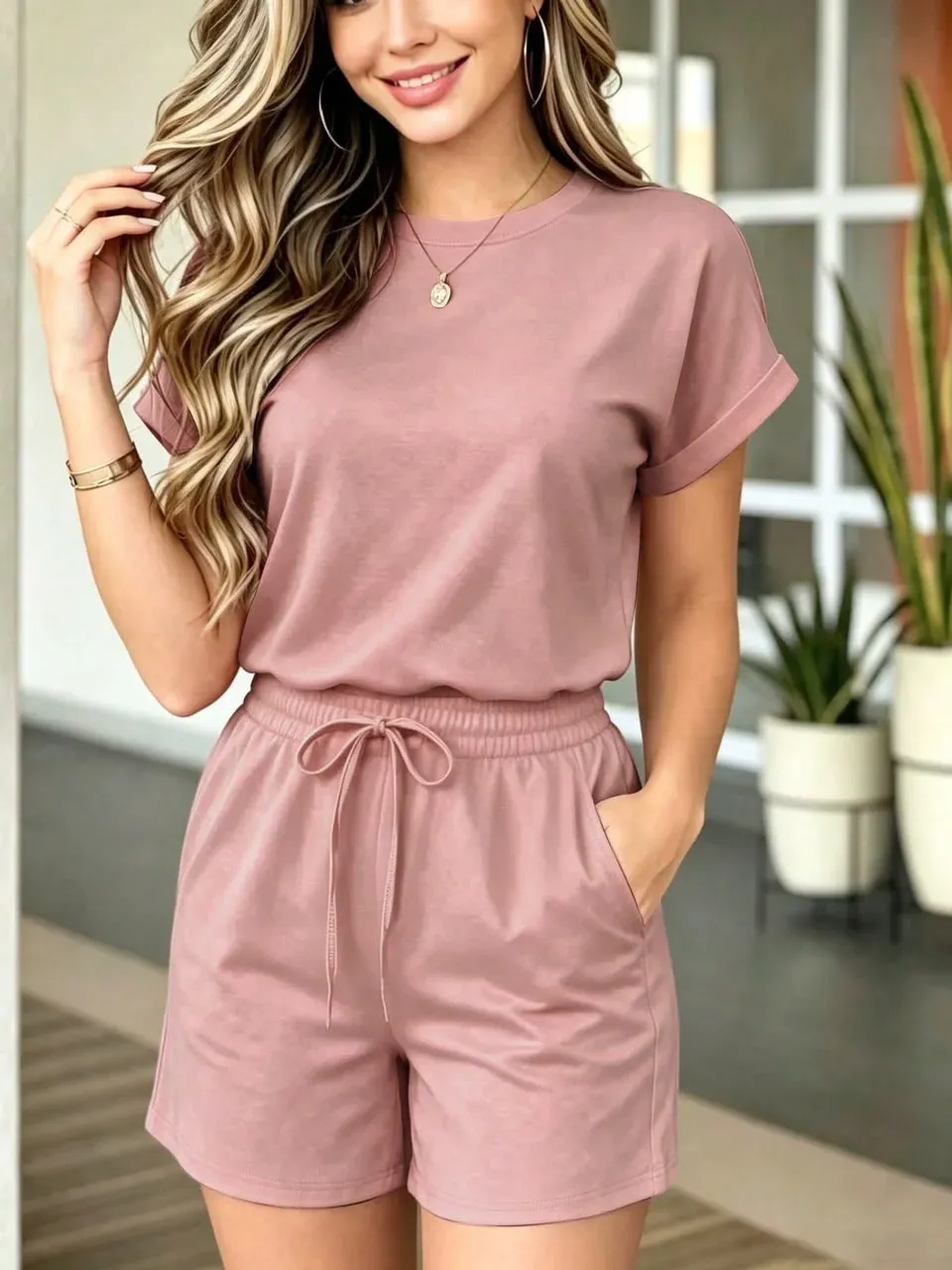 Conjunto bermuda casual rosado