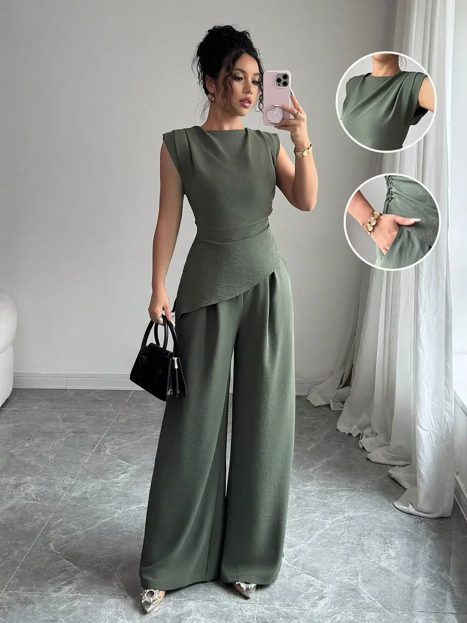 Conjunto elegante verde oliva asimétrico
