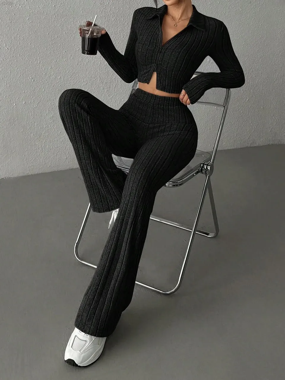 Conjunto casual negro top manga larga