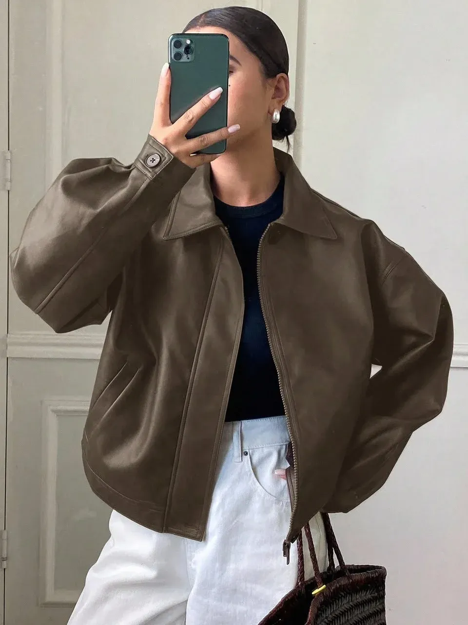 Chaqueta semicuero café oversize