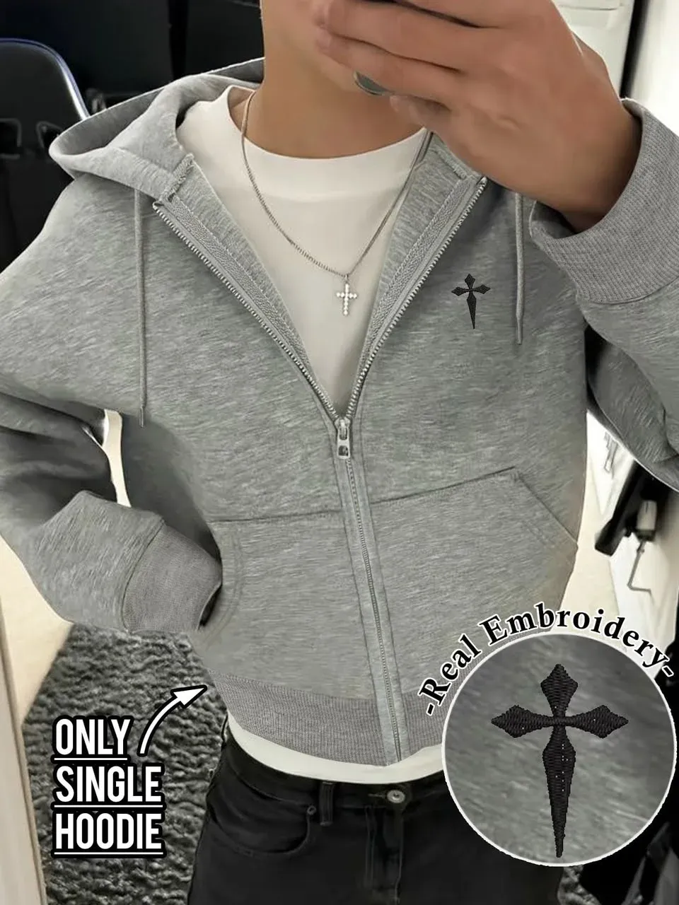 Suéter con capucha gris bordado