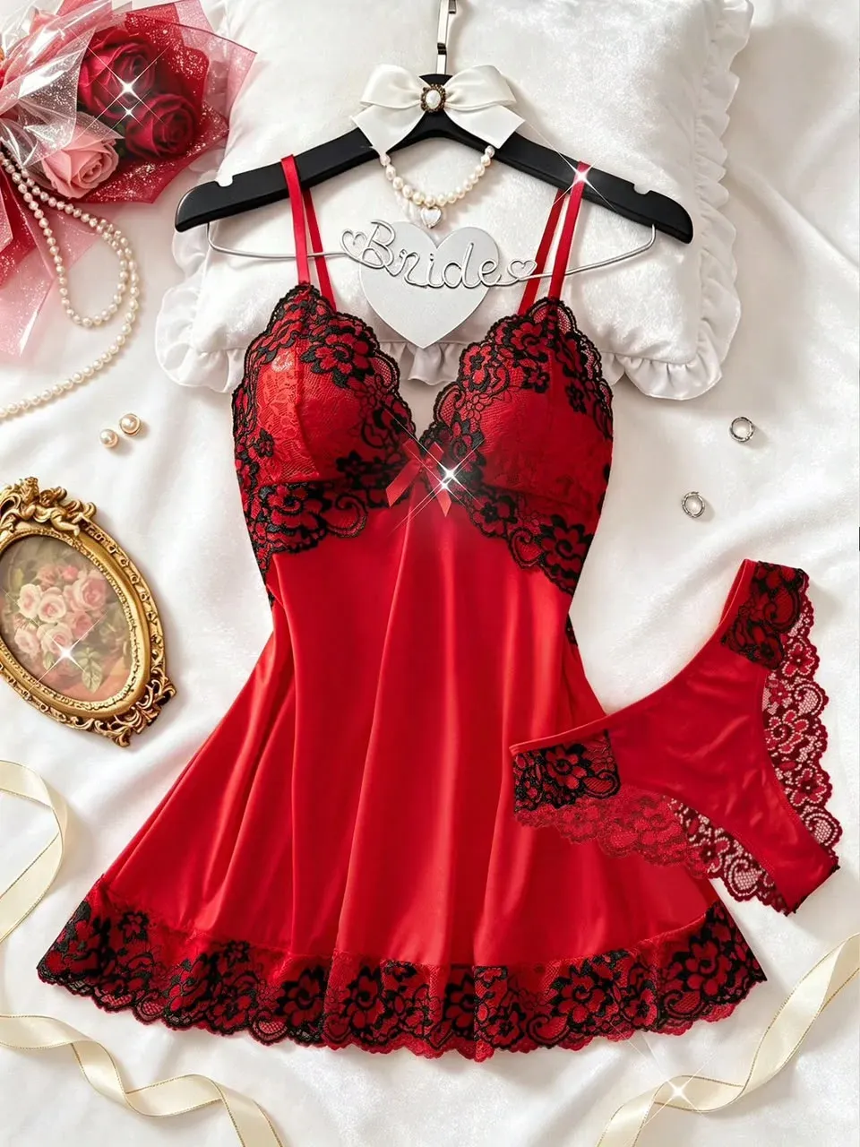 Baby doll rojo con encaje negro