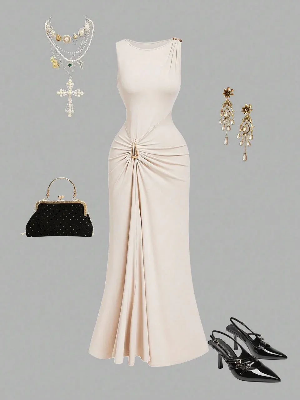 Vestido largo elegante drapeado beige