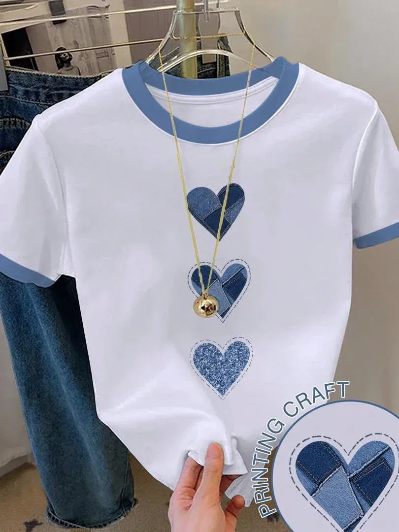 Camiseta blanca corazones mezclilla azul
