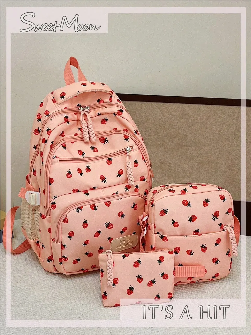 Mochila rosada estampada 3 piezas