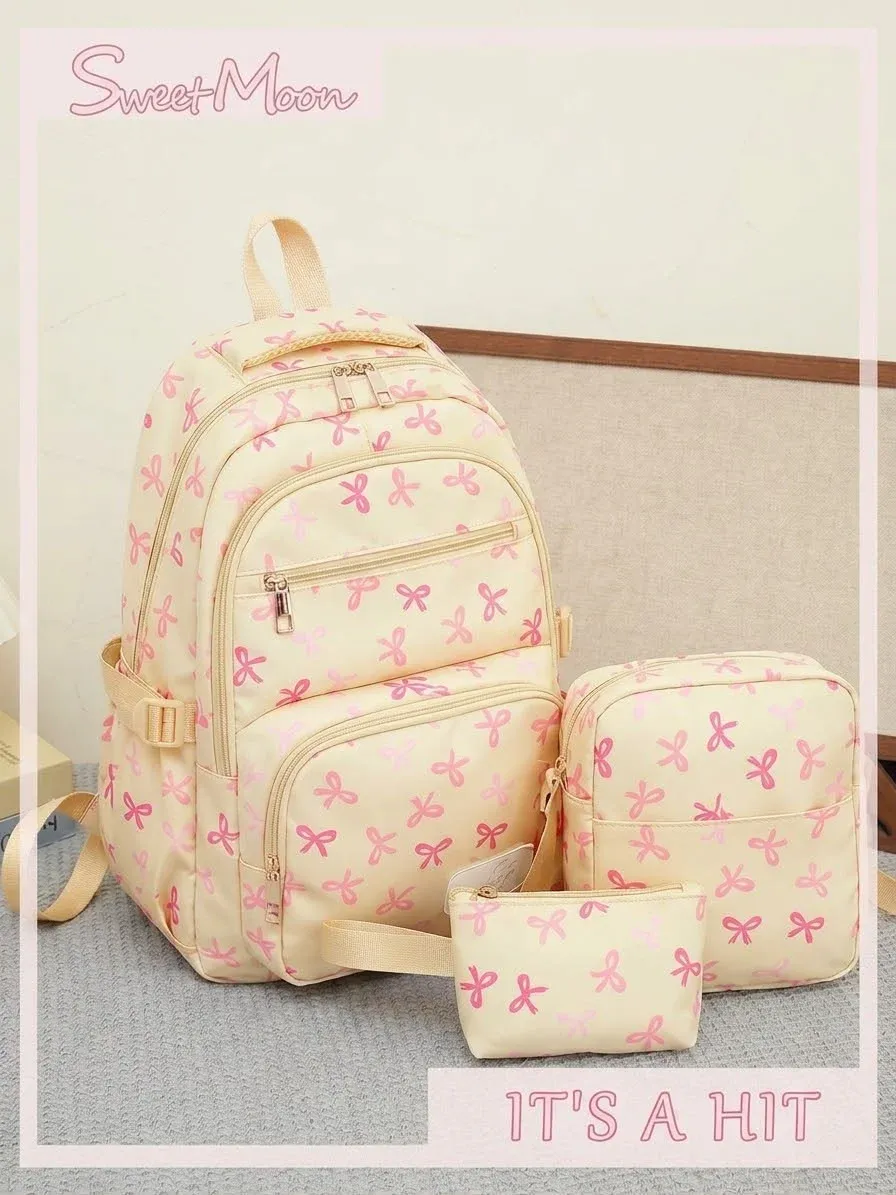 Mochila rosa pastel estampada 3 piezas