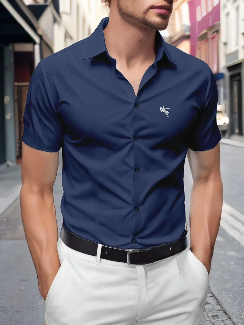 Camisa de botones azul marino masculino